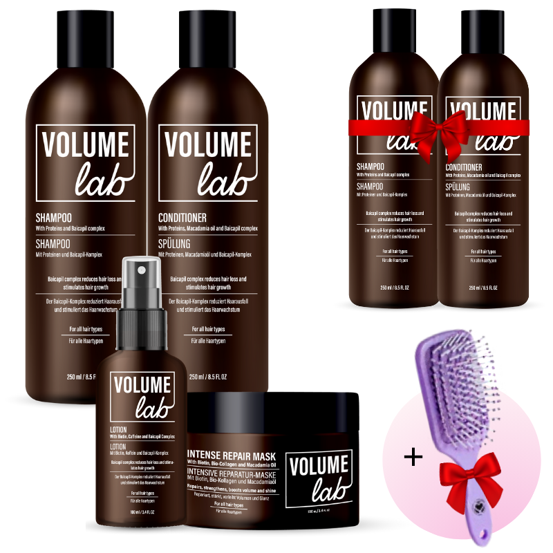 Intensywny zestaw na porost włosów, przeciw ich wypadaniu oraz dla naprawy VOLUME LAB + Dodatkowy zestaw i szczotka W PREZENCIE