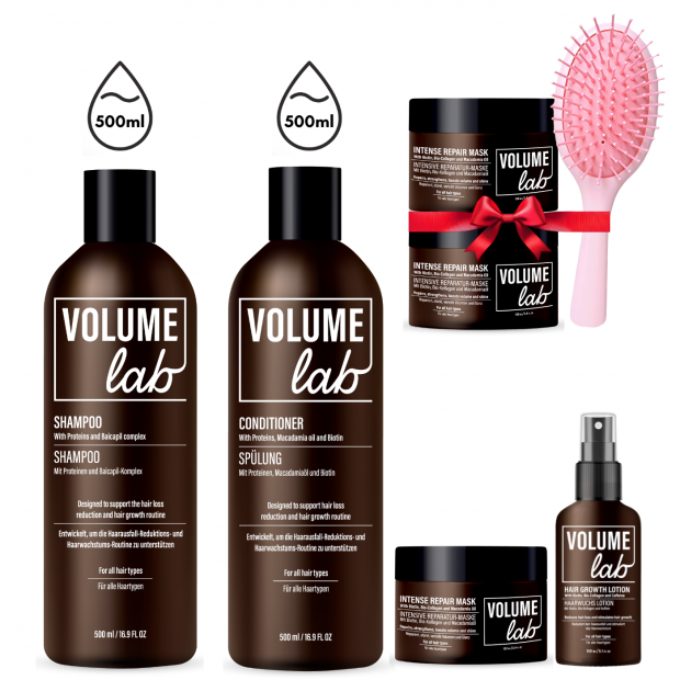 Wyjątkowo duży zestaw (szampon i odżywka po 500 ml) na porost włosów, przeciw ich wypadaniu oraz dla naprawy włosów VOLUME LAB!